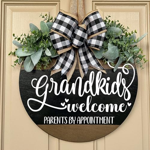 Welcome Sign for Front Door Decoration, 12" Round Wood Wreaths Hanging Welcome Sign Porch Farmhouse Decor Housewarming Gift - color: grandkids