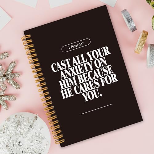 Black Christian Notebook, Black and White Modern Bible Verse Prayer Journal School Supplies, Inspirational Office Bible Scripture Spiral Church Notes Notebook 5.5x8.3 Inch - color: 1 Peter 5:7