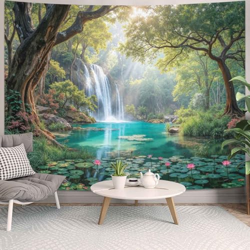 Lunerfex Nature Waterfall Tapestry - Forest Stream and Lotus Pond Wall Hanging for Bedroom and Living Room - Serene Landscape Decor 80"x60" - color: Bright Green, size: 80"L x 60"W