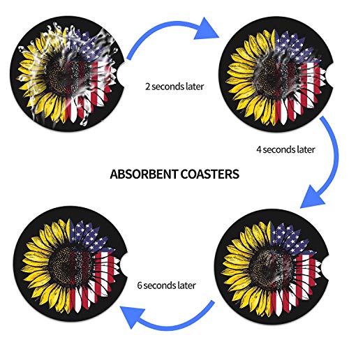 Sunflower & USA Flag 2.56" Car Coasters 2-Pack - Absorbent Ceramic Auto Coasters for Cup Holders, Keeps Your Car Clean & Dry - color: Sunflower and Usa Flag