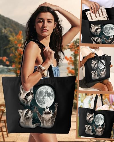 Miss Adola Large Tote Bag for Women - Canvas Tote Bag with Zipper Aesthetic Reusable Shoulder Bag for Gym, Travel, Work - style: Three Raccoon