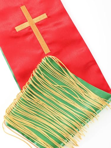 Eurzom 2 Pcs Reversible Clergy Stole with Cross Tassels - color: Red,green