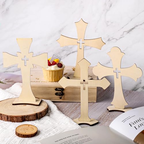 24 Pcs Wooden Crosses for Crafts 4 Styles Unfinished Catholic Wooden Crosses Bulk with Stands Cross centerpieces for Tables Wood Standing Cross for First Communion Baptism Easter Decor