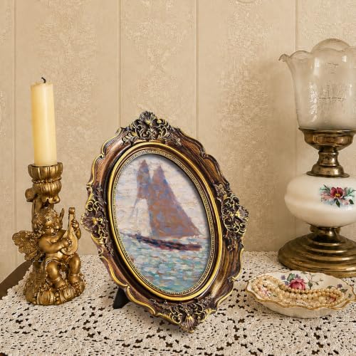 FOLKOR Coastal Wall Art Sailboats Seascape with 5x7 Gold Oval Frame, Nautical Maritime Canvas Prints for Home Living Room Bedroom Bathroom Decor, Tabletop and Wall Display - color: Sailboats, size: 5x7"