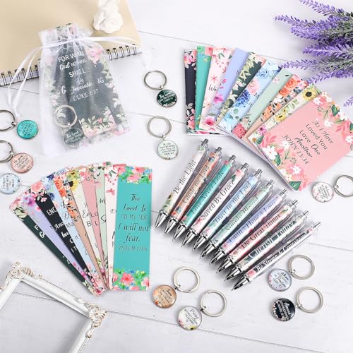 Jetec 150 Bible Verses Gift Set for 30 Christian Bookmarks 30 Scripture Ballpoint Pens 30 Christian Notebooks 30 Bible Verse Keychain 30 White Organza Bags for Women Men Office Church(Flower) - style: Flower