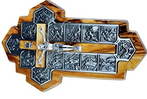 Olive Wood Crucifix - icon showing 14 Stations of the Cross etched on metal (14x9x1 cm or 5.5x3.5x.4 inch) - size: 5.5"L x 3.5"W