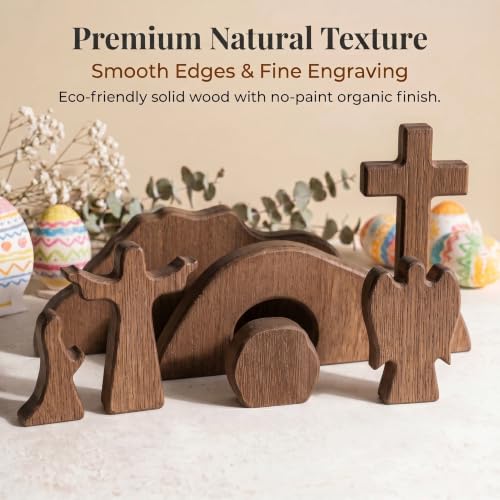 Wooden Empty Tomb Easter Scene Cross Decoration, 7-Piece Jesus Resurrection Nativity Set, Religious Christian Tabletop Decor for Home Office Church
