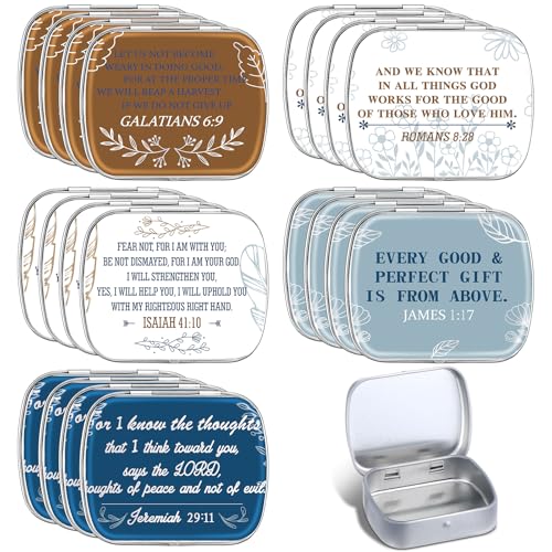Willinglong 20 Pcs Metal Bible Mint Tins 5 Style Small Christian Gifts Box Bulk for Good Friday Easter Sunday School Vbs Giveaways Thanksgiving Bible Verse Metal Box for Candy Jewelry Crafts Storage