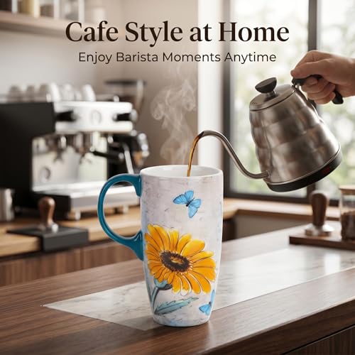 Topadorn 17oz Ceramic Travel Mug with Lid, Blue Daisy Floral Mug - color: Yellow Flower