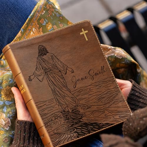 Personalized NIV Journal the Word Bible – Double Column Brown Leathersoft Faux Leather | Custom Name Engraved | Red Letter Comfort Print Edition with Wide Margins for Notes & Reflections (Jesus on W) - style: Jesus on Water