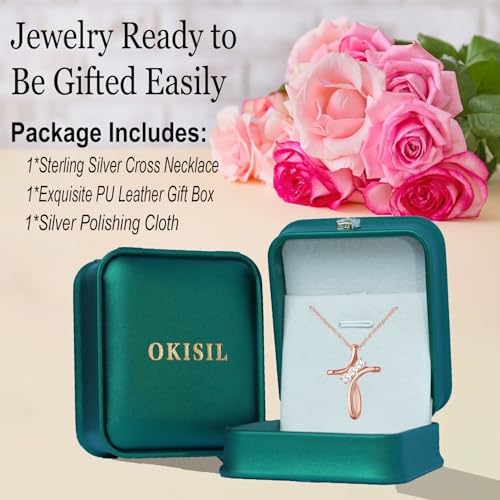 Cross Necklace for Women, 925 Sterling Silver 18K Gold Plated Diamond Necklace for Women, Cross Pendant with 3 Stone 5A Cubic Zirconia, Birthday Christmas Jewelry Gifts for Women Her, 20 Inches - color: Rose gold