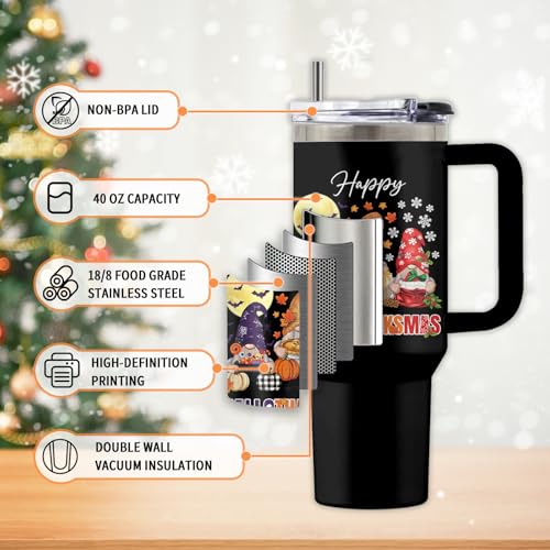 Gnome 40oz Tumbler, with Handle Straw, Insulated Sport Coffee Cup - color: HalloThanksMas