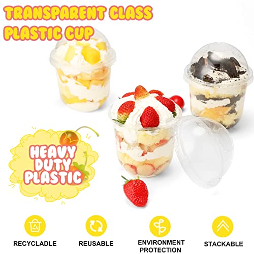 Cunhill 50 Pack Dessert Cups with Dome Lids Disposable Plastic Cups with Lids Clear Pet (No Hole), Sporks and Stickers for Plastic Fruit, Cake and Mini Snack Bowls(12 oz,Simple Cup) - size: 12 oz