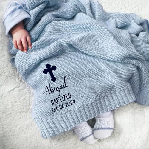 IZI POD Personalized Baby Baptism Knit Blanket, Custom Embroidered Boy Girl Christening Blanket, Custom Name and Date, Baptismal Keepsake, Gifts for Baby, Birthday, Baptized - Style 1 - color: Custom 9