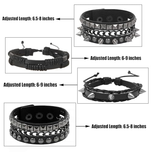 4 Pcs Leather Cuff Bracelets for Men with Spiked Cross Studded Stars Charms - color: Black-Spikes