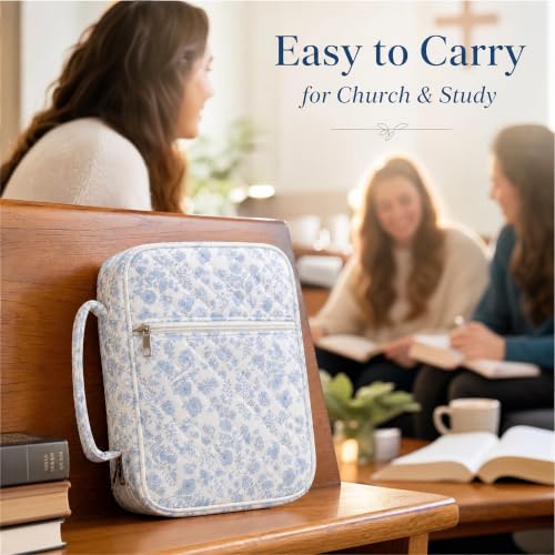 Bible Cover for Women Large Quilted Cotton Bible Bag with Handle Storag - color: Blue Flower