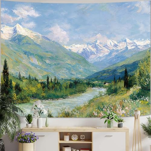 Haibimen Monet Tapestry Wall Hanging Nature Landscape Snow Mountain River Tapestries for Bedroom Watercolor Aesthetic Wallpaper Decor for Living Room, Dorm (Green 1, 80''×60'') - color: blue, size: 80"L x 60"W