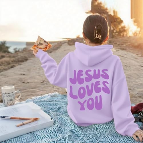 Christian Jesus Loves You Hoodie For Teen Girls Cute Graphic Hoodies Kids Bible Verse Faith Sweatshirt God Pullover - color: Light Purple, size: 11-12 Years