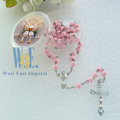 WE 12-Pack First Holy Communion Scented Rosary Favors w/Box and Bag (Pink)
