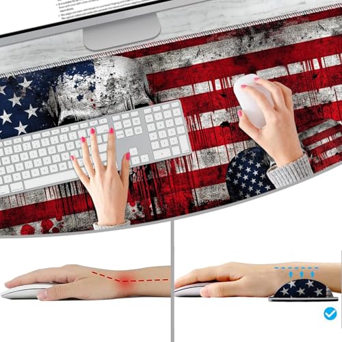 Extended Non-Slip Mouse Pad + Mouse Wrist Rest + Lace-Shaped Coaster Set, Ergonomic Design, Suitable for Desk and Home Gaming Table Mat, A Cross and an American Flag - color: A Cross and an American Flag