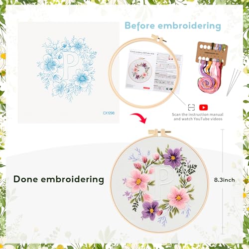 Zerzsy 7.87 '' Embroidery Kits Plant Flower Leaf English Letter Patterns for Beginners Adults, Easy to Learn Cross Stitch Kit for Home Office Decor - color: Letter P
