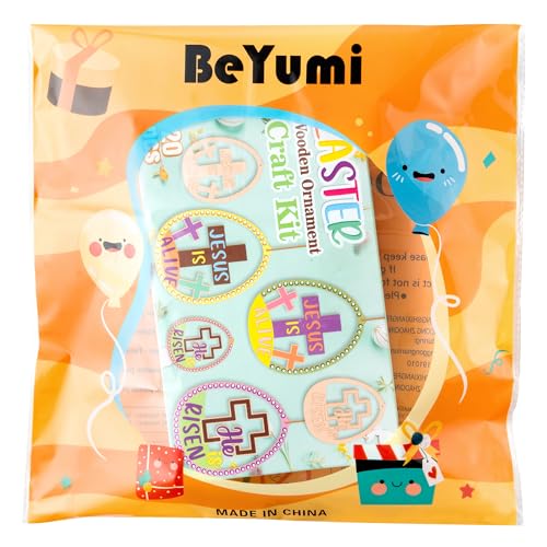 BeYumi Easter Wooden Ornament Craft - 20Pcs Jesus is Risen DIY Wooden Eggs Ornaments Craft Kit for Kids Make Your Own Christian Religious Easter Egg Set with Gem Sticker Party Decoration Supplies - style: Easter Egg