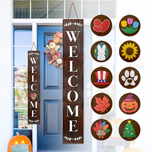 Monjita Welcome Sign for Front Porch Standing, Interchangeable Welcome Standing Sign with 5 Designed DoubleSided Icons for Front Door, All Seasonal Farmhouse Rustic Modern Porch Decor for Fall - color: Walnut