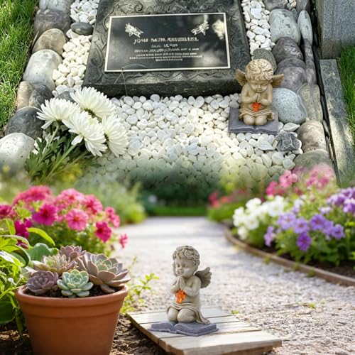 Solar Cherub Statue for Outside - Angel with Glowing LED Cross Light - color: Off-white