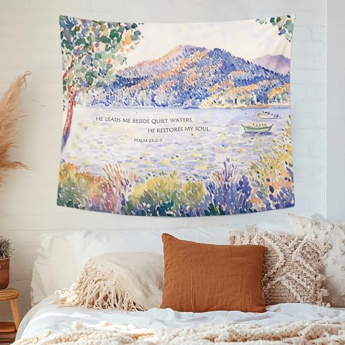 MNASAIOO Christian Landscape Mountian Lake Wall Tapestry Hanging for Bedroom, Bible Verse Scripture Tapestries, Watercolor Moody Wall Decor Banner for Living Girly Prayer Room Dorm Church 50x60in