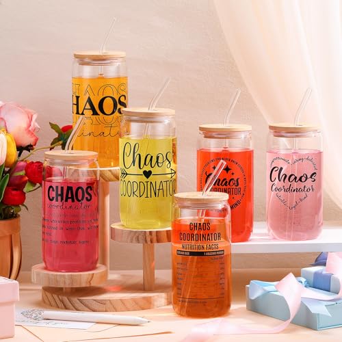SiliFine Chaos Coordinator Gifts for Women, 6 Pcs Glass Cups with Lids - style: Chaos Coordinator