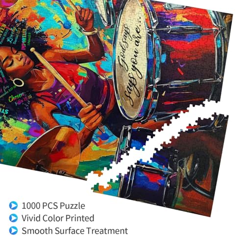 African American Jigsaw Puzzles for Adults 1000 Pieces Black Woman Playing Drums Painting Wooden Jigsaw Puzzle God Says You are Inspirational Puzzle Black Queen Puzzles for Family Friends Home Decor - color: Black Queen, size: 1000PCS