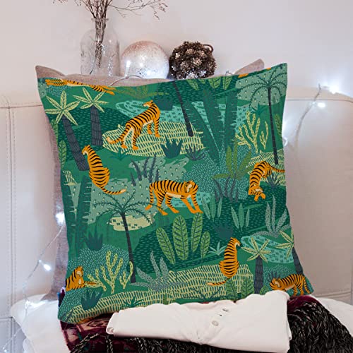 Tiger Jungle Animal Tropical Leaves Print Decorative Throw Pillow Covers, Green Leaf Plants Tiger Decor, 18x18 Inch Cotton Linen Square Cushion Pillowcases for Sofa Couch Bed, Farmhouse Home Decor - color: Green Leaf Plants