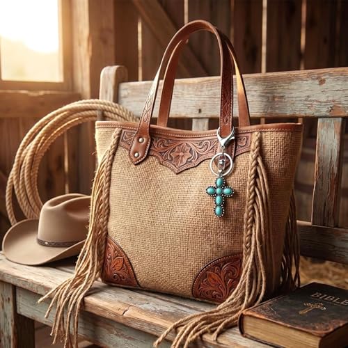 Angyape Boho Western Keychain Cross Keychain Purse Bag Charms Car Key Chain Turquoise Accessories Christian Gifts for Women