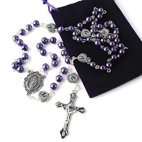 HanlinCC Catholic Miraculous Rosary Glass Pearl Beads Pray Card & Gift Bag - color: Purple