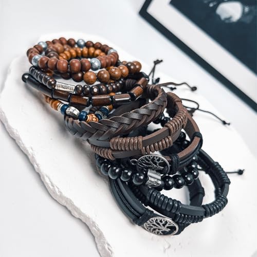 Punk Braided Leather Bracelets for Men Women Tribal Wrap Wristband - color: Tree