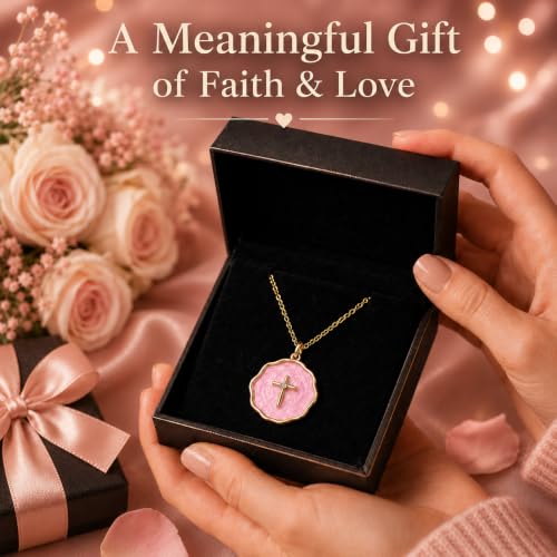 Enamel Cross Necklace for Women 18K Gold Plated Christian Pendant - color: Pink