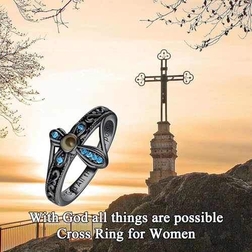 AOBOCO Cross Ring with Mustard Seed 925 Sterling Silver With God All Things Are Possible Band Rings, Size 4-13 - color: Black