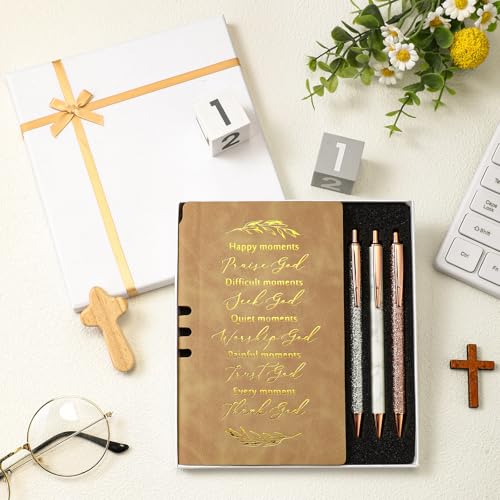 Spakon 5 Pcs Christian Gifts for Women Church Scripture Prayer Journal Religious for Women God Notebook Pen with Gift Box Scripture Notepad Bible Study Group Grad Favor(Khaki, Bible) - color: Khaki, style: Happy Moment