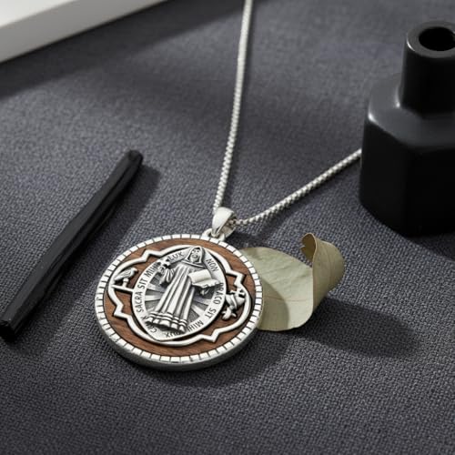 ONEFINITY Wooden Necklace Viking Wolf/St Benedict Medals/St Michael/Crucifix/St Christopher Pendant Necklace for Men Archangel Amulet Wooden Religious Jewelry Gifts for Men Women - style: St Benedict-Round