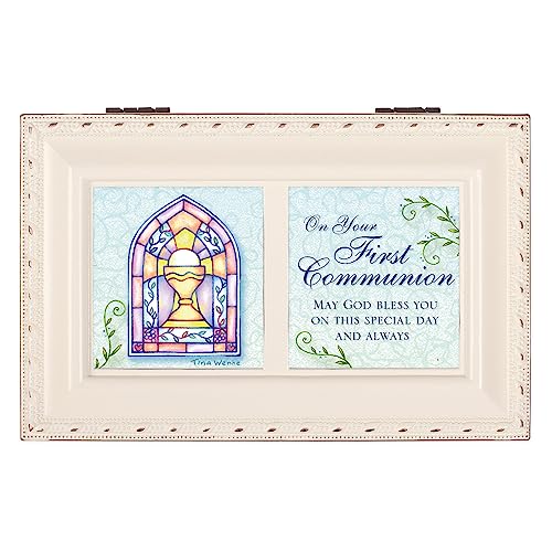 Cottage Garden First Communion God Bless You Matte Ivory Jewelry Music Box Plays Ave Maria