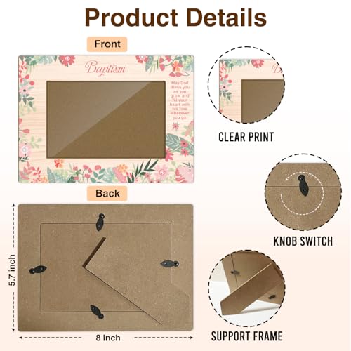 Baptism Wooden Picture Frame, Baby Girls Baptism Gifts from Godparents Friends and Family, Catholic Baby Gift, 4x6 Cute Flowers Design Picture Frame, Home Office Desktop Nightstand Decor -014 - color: Flowers-2