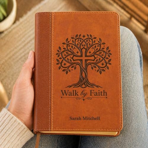SupplyMount Personalized NIV Bible Large Print - Custom Laser Engraved Name Holy Bible - Leathersoft Cover - New International Version - Walk by Faith Cross Design - Comfort Print 11.5pt