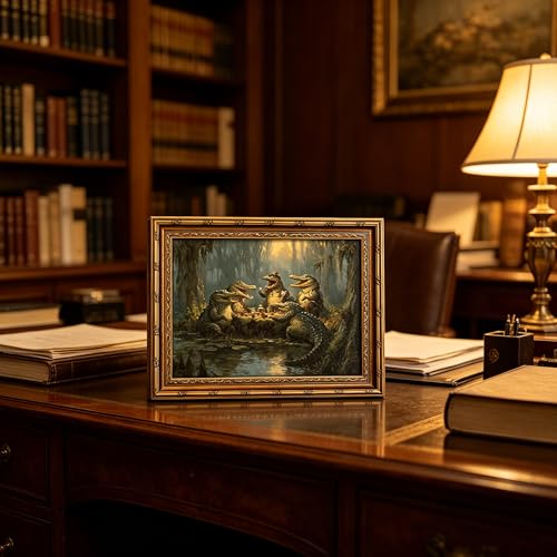 Alligator Playing Poker Wall Art,Vintage Gold Framed Animal Print 9x11in - color: Alligator, size: 11"L x 9"W