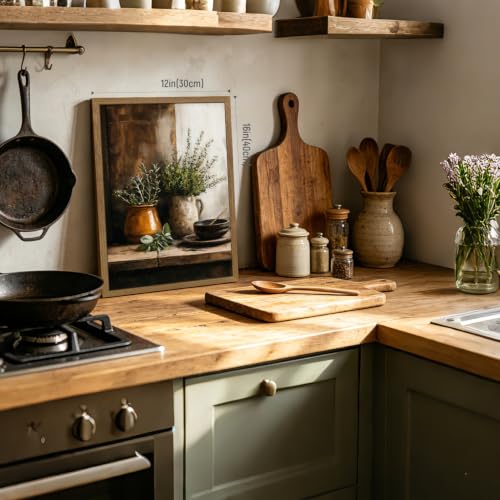 Dynazo Wood Framed Herb Kitchen Wall Art, Rustic Botanical Still Life Wall Decor, Vintage Farmhouse Greenery Poster Print, French Country Cottagecore Artwork for Kitchen Dining Room 12x16 Inch - color: Herbs, size: 16"L x 12"W