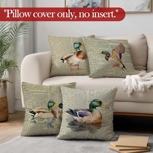 Vintage Mallard Duck Throw Pillow Covers, Duck Themed Gifts, Farmhouse Farm Animal Decorative Pillowcases Cushion Cases for Home Living Room Couch Decor, 18x18 Pillow Covers, Set of 4 - color: Animal_1