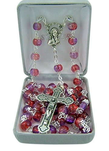Catholic Pink Glass Capped Prayer Bead Rosary Necklace, 30 Inch