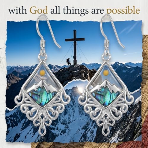 Mustard Seed Dangle Earrings for Women, 925 Sterling Silver Faith Mountain Cross Drop Earrings with Abalone Shell, Hypoallergenic Religious Christian Jewelry Gifts