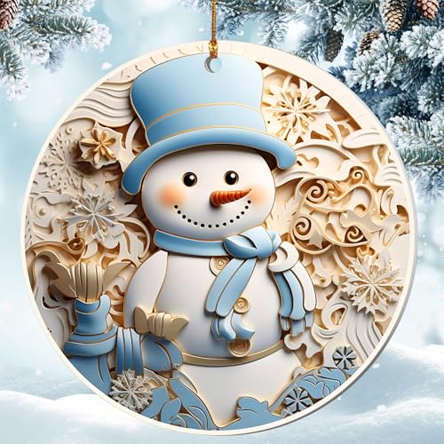 Blue Snowman Christmas Ornament – Cute Blue Snowman Holiday Decor for Tree – Round Layered Acrylic Christmas Decoration – Navidad 2025 Ornament – 2025 Dated Ornaments - color: Cute Blue Snowman