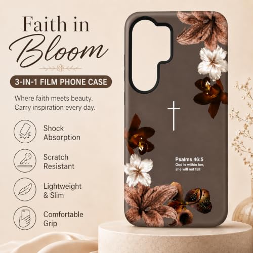 Christian Phone Case Compatible with Samsung Galaxy S26 Plus Floral Bible Verse Psalms 46:5 Protective Hybrid 2-Layer Shell Cover for Women Girls | Religious Faith Gift - Brown - color: Brown