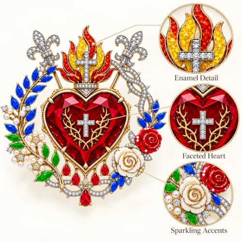 Sacred Heart of Jesus Brooch Pin, Virgin Mary Pin Catholic Sacred Heart Home Altar Church Baptism Religious Inspirational Jewelry Gift - color: Red Heart